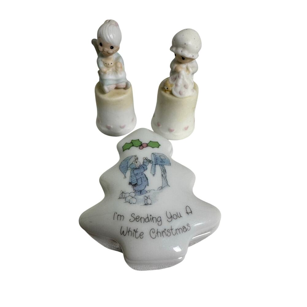 Precious Moments Lot Two 1984 Thimbles & 1990 Christmas Tree Trinket Box